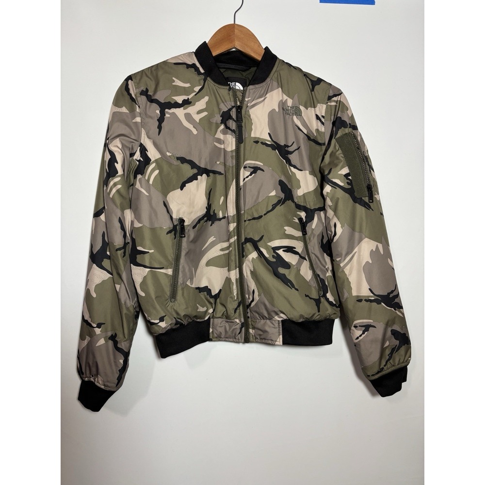 The North Face Bomber Jacket Womens Small Green Camo Full Zip Quilted Utility